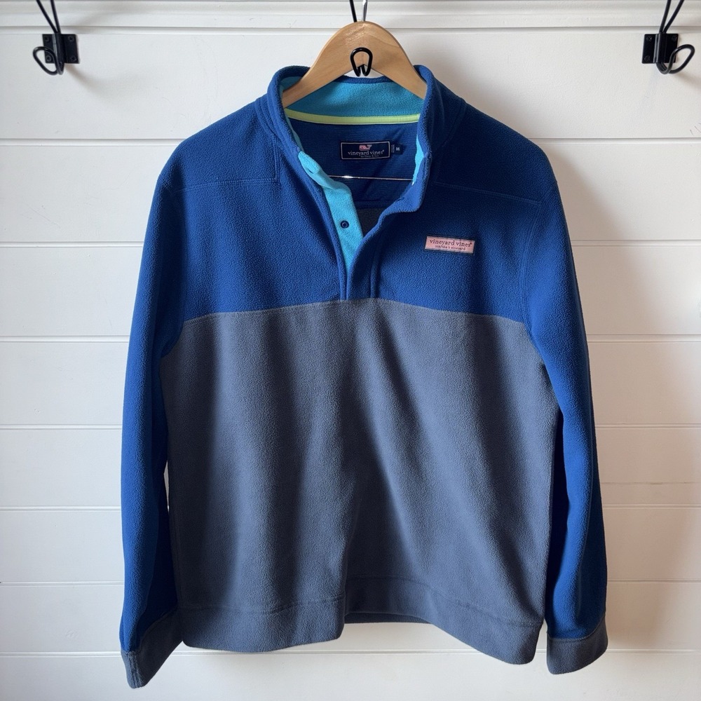 Vineyard Vines Color-Blocked Blue Harbor Fleece Quarter-Snap Pullover Size: M - Picture 2 of 8